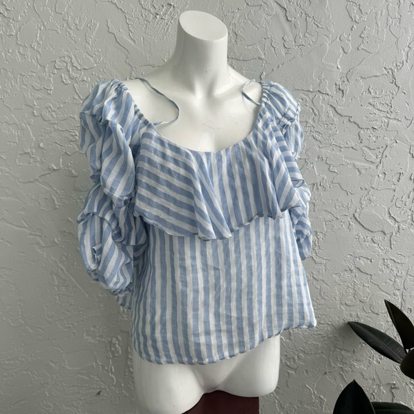 ZARA Striped Light Blue & White Off the Shoulder 3/4 Ruffled sleeves Crop Top, L - Picture 3 of 13